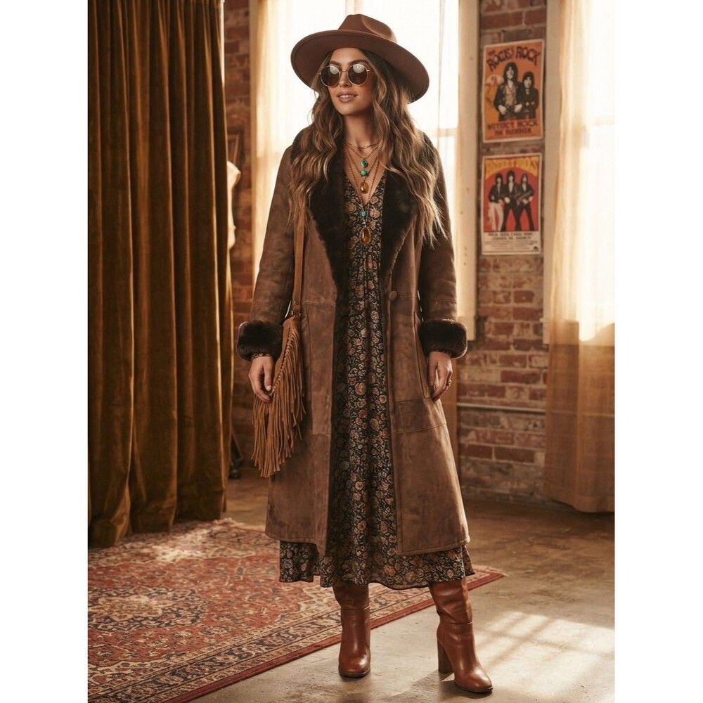 Vintage Searle Leather Suede Penny Lane Coat Brown Shearling Long Y2K Mobwife